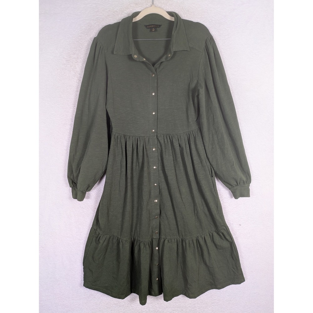 Downeast Shirt Dress Women's Size M Olive Green Tiered Long Sleeve Button Front